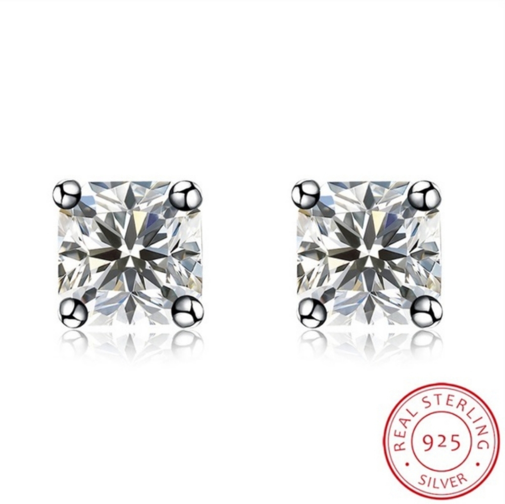 CLASSY SQUARE 6 MM ZIRCON & STERLING SILVER STUD EARRINGS